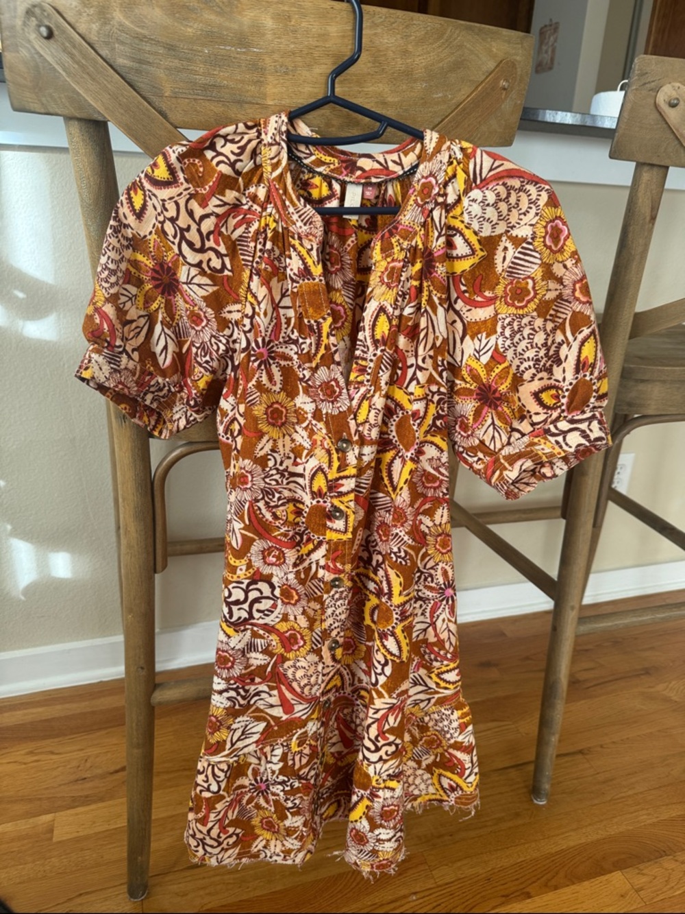Anthropologie Short Floral Peasant Dress in Rust, Yellow and Cream